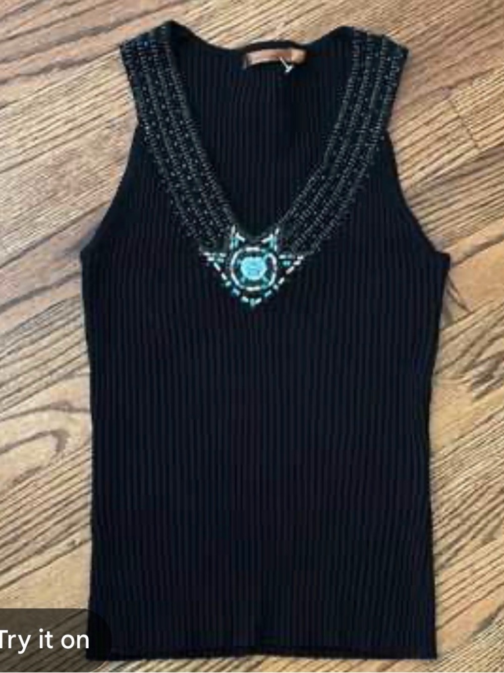 90s Vintage Y2K Kaily K- Black Knit Beaded Ribbed Top- Size Large
